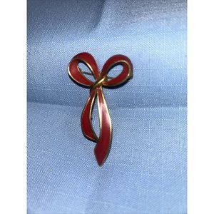 Vintage AVON Gold-tone Red Enamel 2.5" Long BOW Brooch Fashion pin